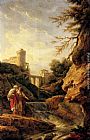Two female peasants by a waterfall, a town and aqueduct beyond by Claude-Joseph Vernet